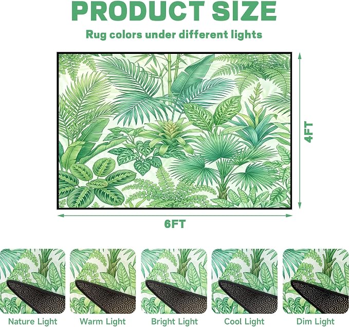 Tropical Leaves Area Rug 4'x6' Green Botanical Palm Fern Leaf Rug Non Slip Washable Indoor Floor Mat for Bedroom Living Room Nursery Kitchen Playroom Home Decor