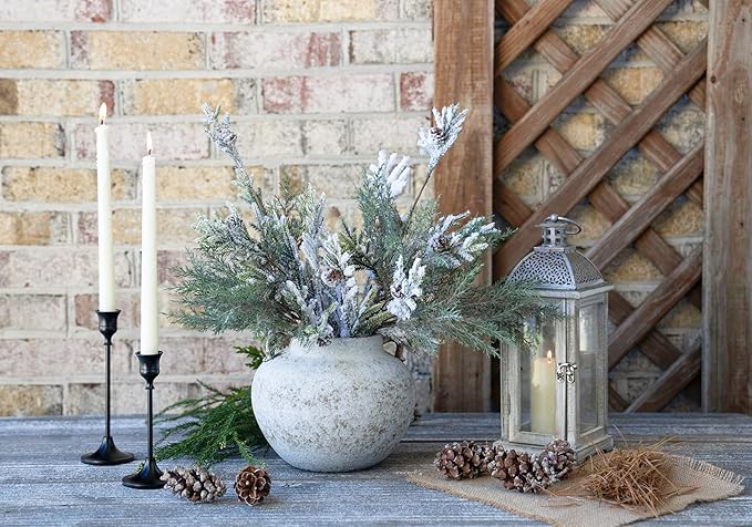 CozyWel Rustic White Two-Ear Ceramic Vase with Hand-Glazed, Textured Pottery Vase with Two Ears for Centerpieces, Kitchen, Living Room, Bedroom Decor Gifts (Rustic White, Short)