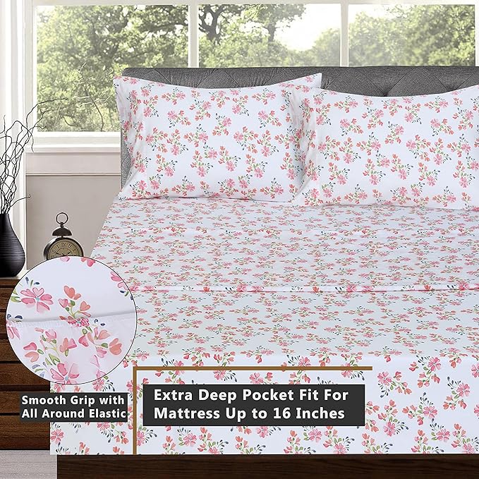 RUVANTI 100% Cotton Full Size Bed Sheets, 4 Pieces, Soft & Breathable Percale Weave Bedding, Deep Pocket 16", Hotel Standard, Crisp Cool Feel, Durable, Perfect Sheet Set Floral, Bloomex