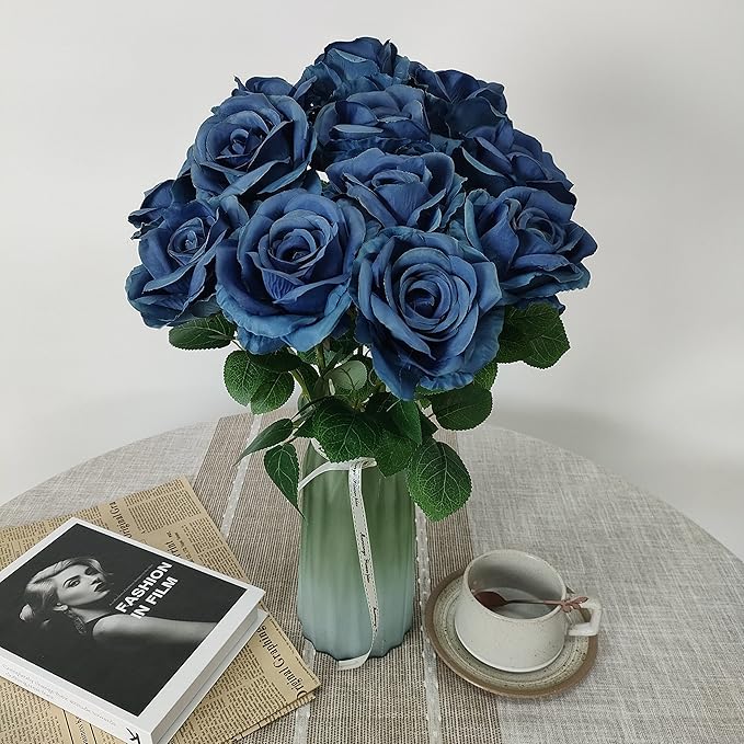 ATFL Grayish Blue Plastic Roses Bouquet,Realistic Gray Blue Flowers Artificial for Vase,12 Pcs Artificial Long Stem Fake Faux Silk Floral Roses for Decorations