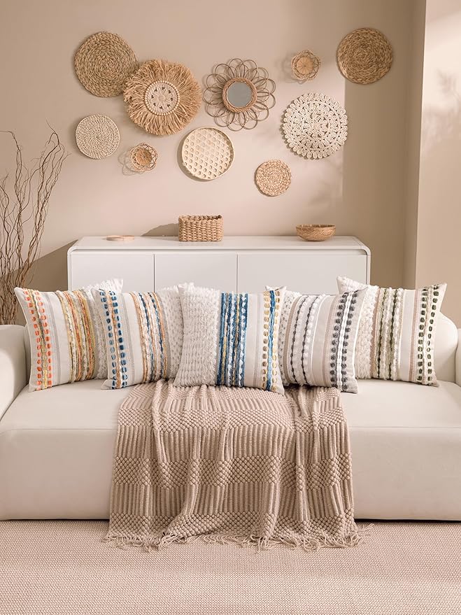 KOOLIFE Boho Chenille Tufted Couch Throw Pillow Covers 18x18 Inch Set of 2 Farmhouse Striped Decorative Pillow Covers Accent Neutral Pillowcase Caramel Brown Blue Cushion Cover for Livingroom Sofa Bed