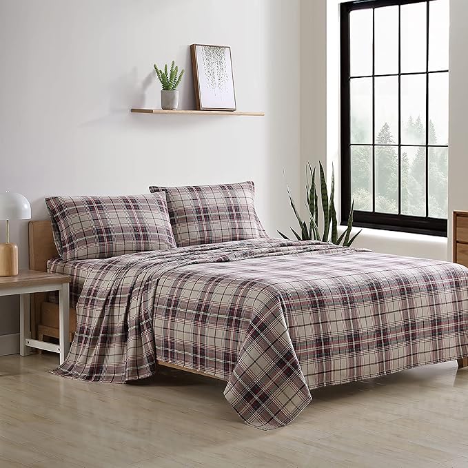 Eddie Bauer - Flannel Sheets King Size, Anti-Pilling & Wrinkle Resistant Cotton, Touchably Soft for All-Season Comfort - Bed Sheets with Matching Pillowcases & Fitted Sheet (Montlake Plaid Red)