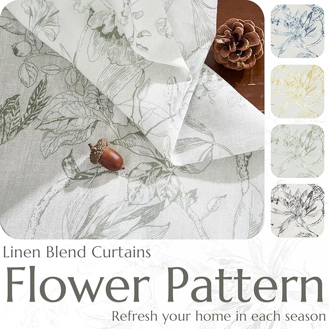 jinchan Floral Curtains 63 Inch Length Charcoal Grey Flower Linen Farmhouse Curtain for Living Room French Country Vintage Curtain Rod Pocket Curtains Set 2 Panels Gray Floral Printed