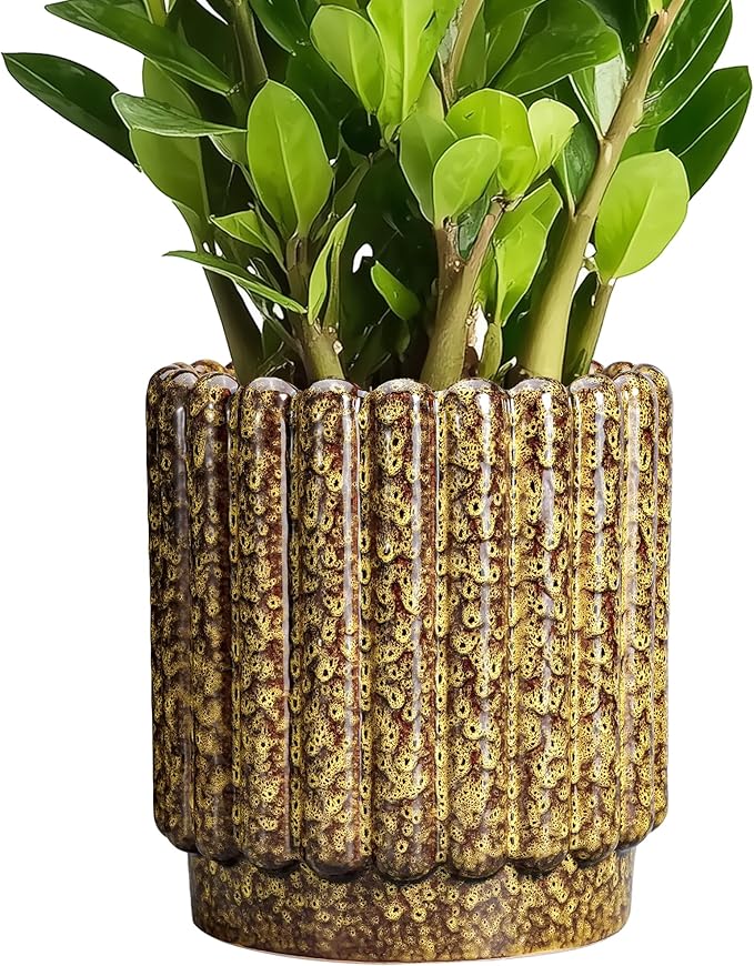 Ceramicfor Ceramic Planter - 7.6 Inch Ceramic Plant Pots Indoor, Round Flower Pots with Drainage Hole, Fluted Decorative Outdoor Planters, Office Home Decor, Plant Lover Gifts, Yellow
