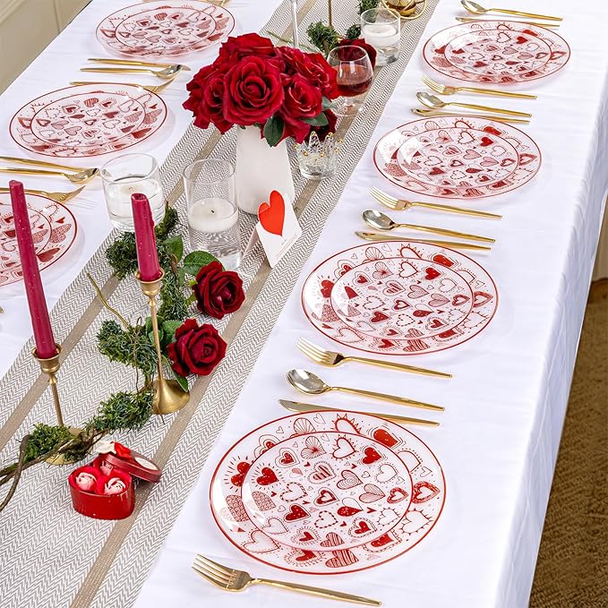 U-QE 20Pcs Red Plastic Plates - Diamond Heart Plates Disposable Heavy Duty, Fancy Love Pattern Perfect for Weddings, Parties, Valentine's Day - 10.25" Dinner Plate & 7.5" Dessert Plate