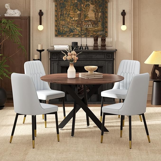 RGZ Mid Century Walnut Round Dining Table Set for 4, 36" Small Wooden Circle Kitchen Table & 4 Light Gray PU Leather Kitchen Chairs, Dinner Table Set for Home, Apartment, Dining Room