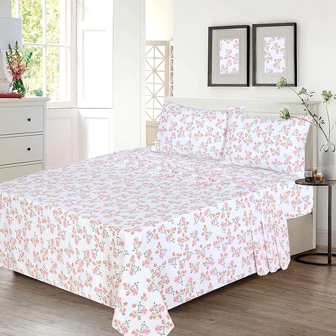 RUVANTI 100% Cotton King Size Sheets Set, 4 Pieces, Soft & Breathable Percale Weave Bedding, Deep Pocket 16", Hotel Standard, Crisp Cool Feel, Durable, Perfect Floral Bed Sheet, Bloomex