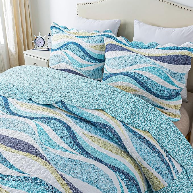 HoneiLife Queen Bedspreads Oversized - 106"x106" Coastal Quilt Sets, Beach Quilt 3-Piece, Nautical Bedspreads Ocean Coverlets, Lightweight Bed Cover, Summer Quilts