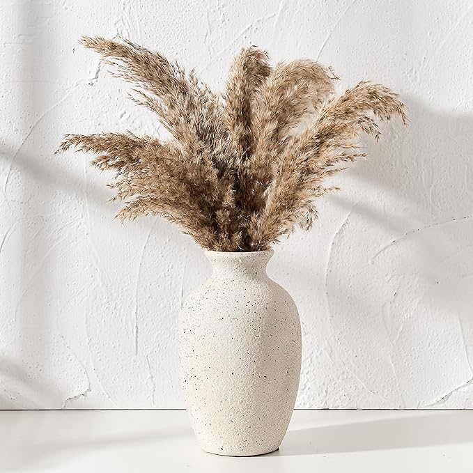 Ceramic Rustic Flower Vase, 8.38 Inch Vintage Pottery Home Decor, Antique Farmhouse Terracotta Vase for Living Room, Table, Shelf, Mantel Decoration, Farmhouse - Cream-White