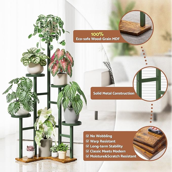 5 Tiered Plant Stand Indoor with 7.1 Inch Wide Tray, Corner Metal Stand Plant Outdoor Flower Holder Stand, Wood Tall Rack for Display Shelf for Patio Porch Office - GreenDisk
