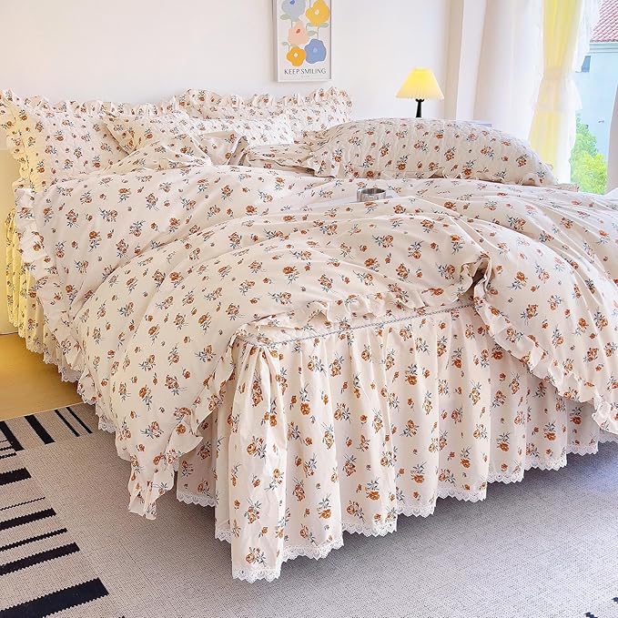 EAVD Cute Romantic Floral Duvet Cover King Soft Cotton Garden Small Floral Ruffled Bedding Set with 2 Pillowcases Fresh Chic Botaical Pattern Duvet Cover with Zipper Closure