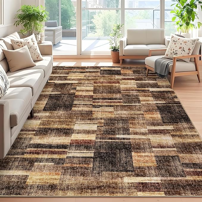 Modern Area Rugs 5x7 Washable Rugs for Bedroom Geometric Throw Rugs with Non-Slip Backing, Non-Shedding Contemporary Accent Carpet, Low Pile Floor Cover for Bedroom, Office, Brown
