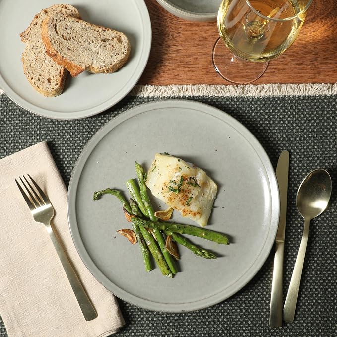 Gibson Elite Beckett Stoneware Matte Reactive Glaze 16 Piece (Service for 4) Plates and Bowls Dinnerware Set - Ash White