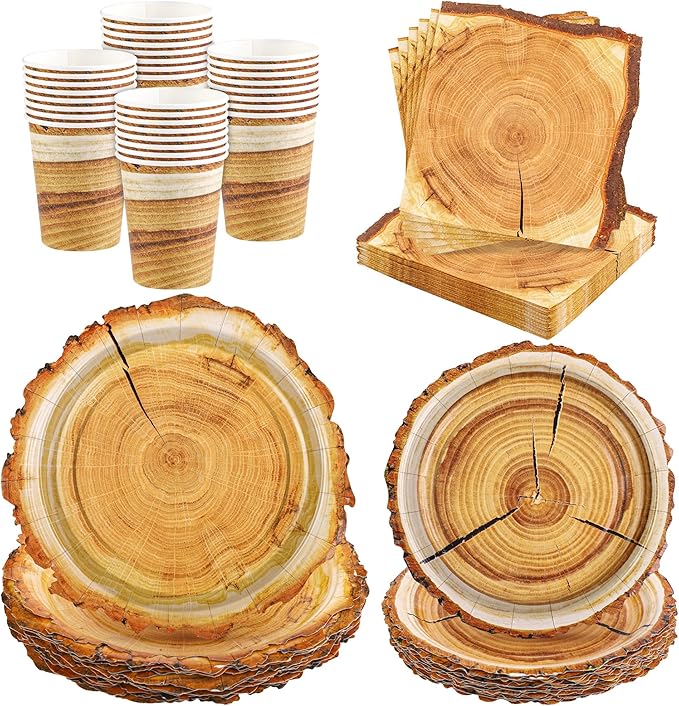 96 Pieces Camping Wood Grain Slice Tableware Set Rustic Wood Party Supplies Including Paper Plates Cups Napkins Serves 24 Guests for Hunting Baby Shower Lumberjack Birthday Party