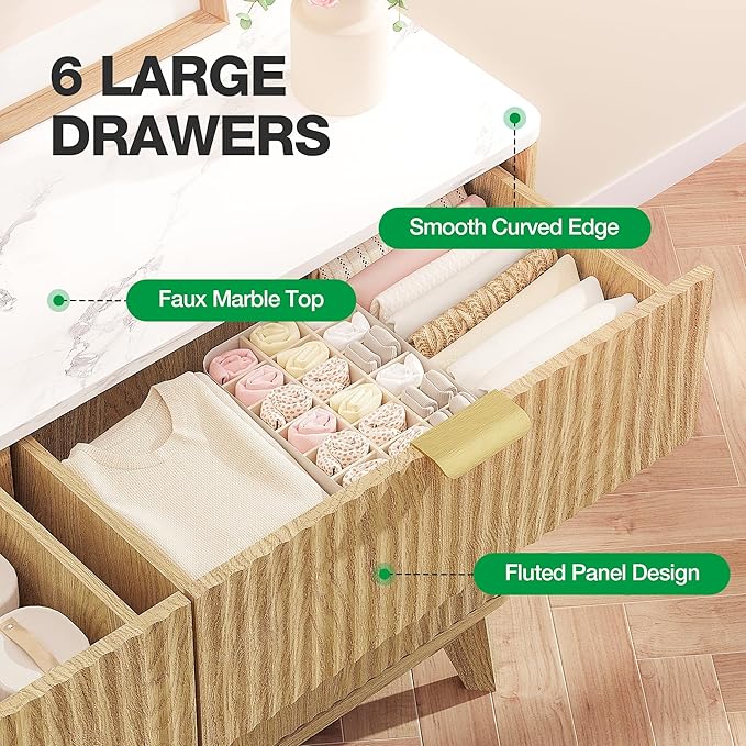 Fluted 6 Drawer Dresser, 47" Wide Chest of Drawers with Faux Marble Top,Modern Dresser TV Stand, Wood Closet Clothes Storage Organizer with Curved Edges for Bedroom, Living Room, Natural