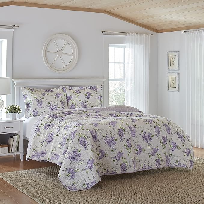 Laura Ashley - King Quilt Set - Cotton Reversible Bedding with Matching Shams, Lightweight & Soft Decor (Keighley Lilac, King)