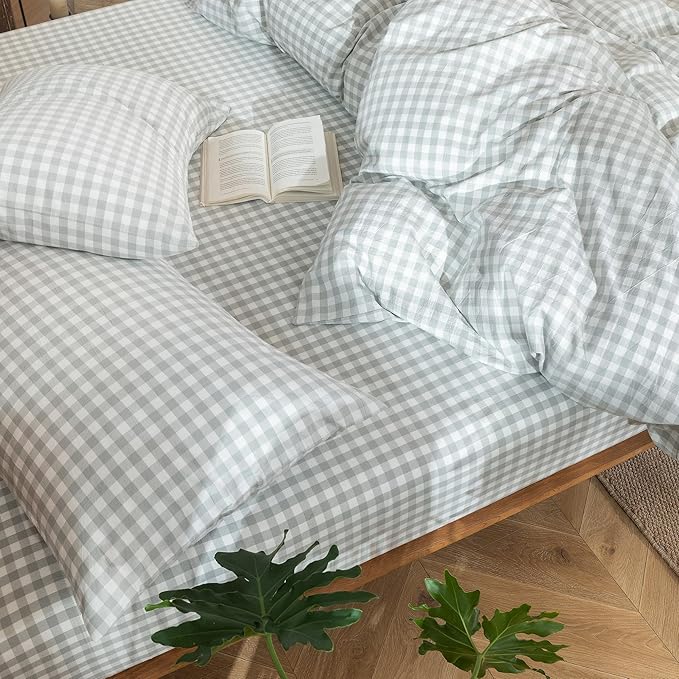 MooMee Gingham Duvet Cover Set 100% Washed Cotton Linen Like Textured Breathable Durable Soft Comfy Modern Checkered Design (Northern Droplet Grey Gingham, Queen 90"x90")