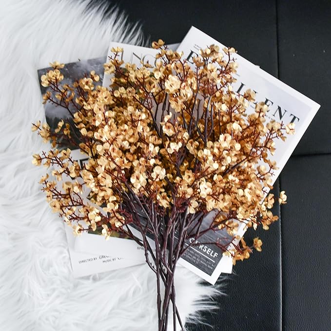 Mandy's Gold Artificial Baby’s Breath European Flowers 15 Bundles Silk Gypsophila with Bendable Stems for Fall Thanksgiving & Christmas Centerpiece Wedding Decor and Table Arrangements