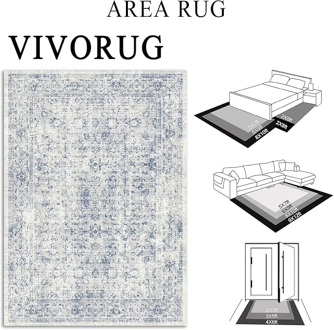 3x5 Rug, Small Area Rug for Living Room, Bedroom, Kitchen, Machine Washable Non-Slip Throw Rug, Vintage Distressed Floral Carpet for Entryway Nursery Dinner Room - Durable (Blue)