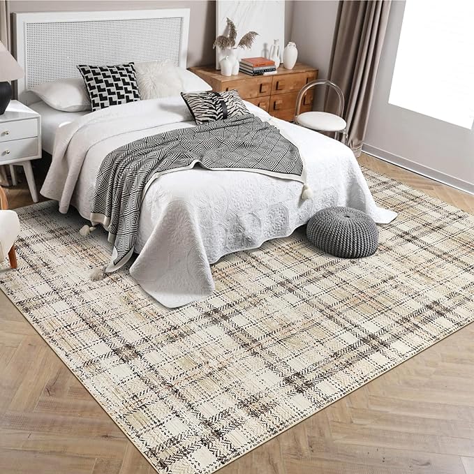 Modern Washable 8x10 Area Rug - Soft, Non-Slip, Stain Resistant, Farmhouse Tartan Plaid for Living Room, Bedroom, Nursery, Office - Beige