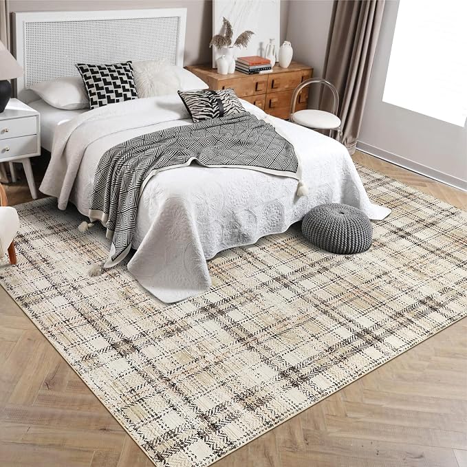 Modern Plaid Washable Rug 9x12 Rug for Living Room Soft Large Area Rug for Bedroom Tartan Non Shedding Non Slip Throw Rugs Stain Resistant Carpet for Dining Room Nursery 9'x12' Beige