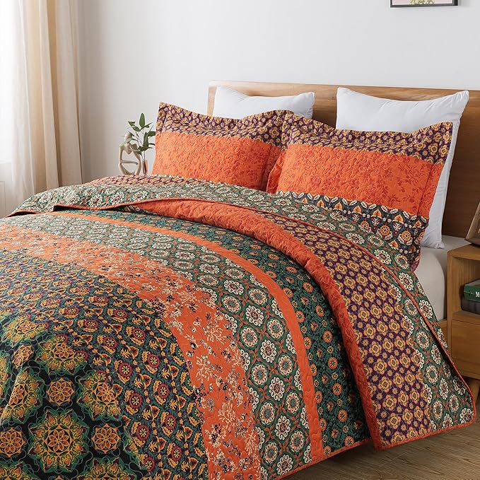 HoneiLife Quilt Sets King Size - 3 Pieces Microfiber Quilt Lightweight Bedspreads Wildflower Coverlets Retro Bed Cover King Quilt Bedding Set All Season Quilts-Pumpkin