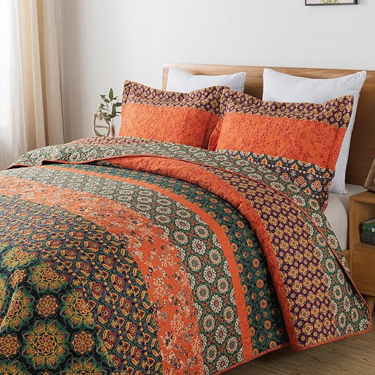 HoneiLife Quilt Sets Queen Size - 3 Pieces Microfiber Quilt Lightweight Bedspreads Wildflower Coverlets Retro Bed Cover King Quilt Bedding Set All Season Quilts-Pumpkin