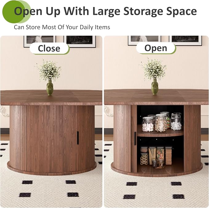 Extendable Round Dining Table for 2-4-6, 63 Inch Dining Room Kitchen Table with 2-Tier Storage Shelf, Modern Farmhouse Fluted Wood Slide Door Dinner Furniture,Oval Circle(Walnut-63 Inch)