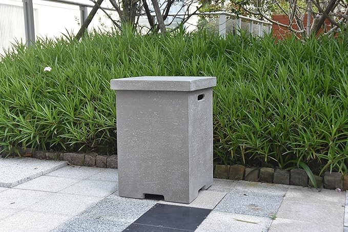 AMS Fireplace | Elementi Tall Light Grey Square Travertine Propane Tank Cover | Concrete GFRC Base | Dimensions: 17.7 x 17.7 x 24.4 inches | Complement Hampton, and Others Fire Pit Tables Perfectly
