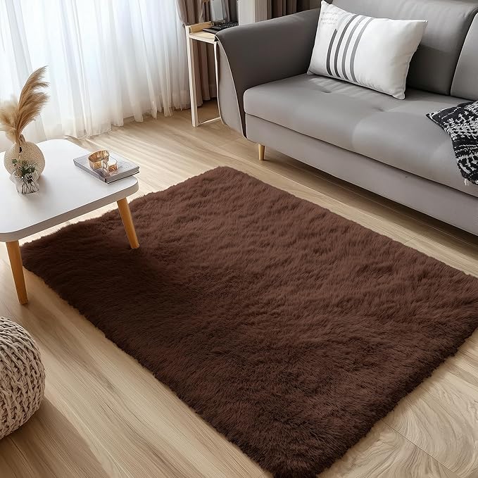 OLANLY 4x5 Machine Washable Accent Rug, Soft Fluffy Shaggy Area Rug for Bedroom, Living Room, Indoor Floor Carpet for Kids, Nursery, Home Decor, Coffee