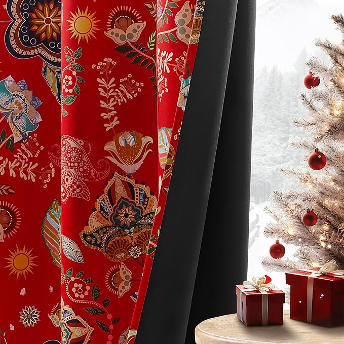 XiDi Christmas Red Floral Curtains 84 Inches Long 2 Panels 100% Blackout Vintage Leaf Patterned Curtains for Living Room Bedroom Thermal Insulated Room Darkening Luxury Colorful Drapes Grommet 52x84
