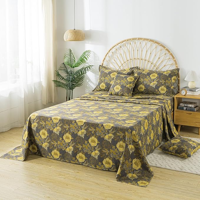 FADFAY Floral Sheets Set King Vintage Grey Yellow Floral Bedding Shabby Peony Farmhouse Bedding Super Soft Washed Double -Layer Muslin Sheets 100% Cotton Deep Pocket Fitted Sheet 4Pcs, King Size