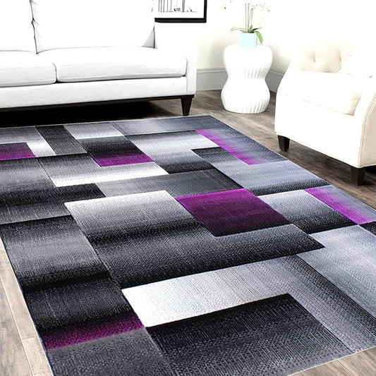 HR 8’ x 10’ Rug in Purple - Premium Quality Purple/Black/Gray Abstract Geometric Modern Squares Pattern Area Rug - Contemporary Styling for Living Room, Bedroom - Unique Home Decor