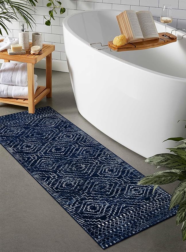 Wonnitar Moroccan Kitchen Runner Rugs, Non-Skid Washable Runner Rug 2x6, Bohemian Non-Shedding Soft Blue Hallway Runner, Geometric Low Pile Carpet Runner for Laundry Bath Entrance (Blue,2'x6')