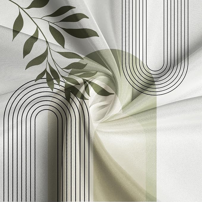 Boho Sage Green Shower Curtain Mid Century Modern Abstract Plant Botanical Bathroom Curtain Minimalist Neutral Geometric Arch Bath Decor Polyester Set with Hooks 48x72 inch