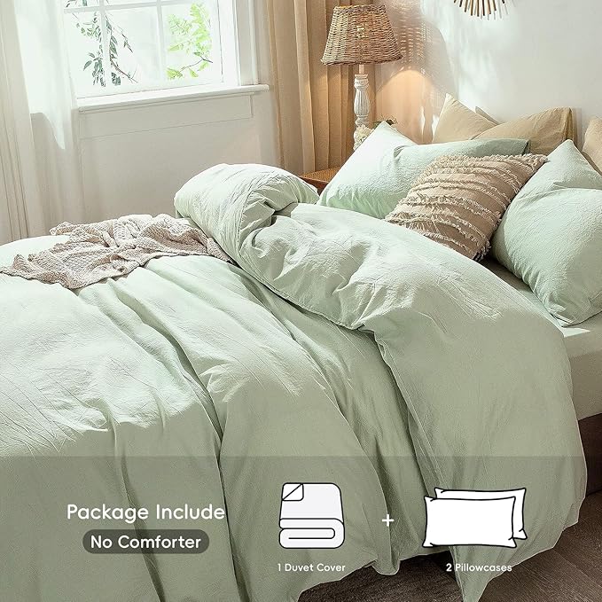 MooMee Bedding Duvet Cover Set 100% Washed Cotton Linen Like Textured Breathable Durable Soft Comfy (Heathered Seaglass Green, Full 80"x90")