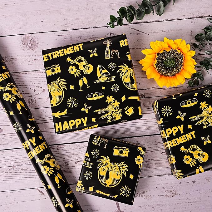 Altarho Retirement Wrapping Paper Roll for Womem Men - Happy Retirement Holiday Design Black Going Away Gift Wrap Sheets for Birthday Celebration Farewell Party Supplies Total 28.5sq.ft