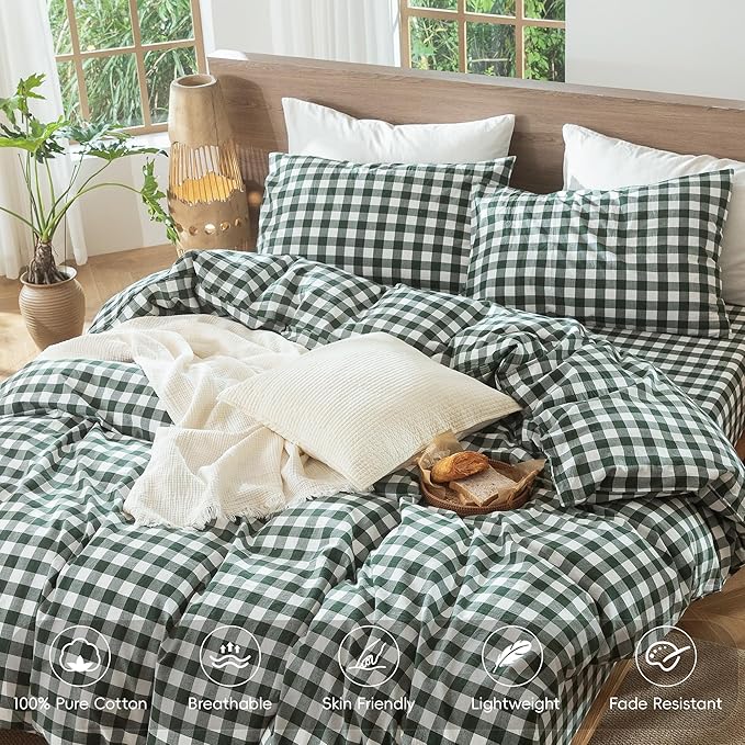 MooMee Gingham Duvet Cover Set 100% Washed Cotton Linen Like Textured Breathable Durable Soft Comfy Modern Checkered Design (Buffalo Plaid Forest Green, Twin 68"x90")
