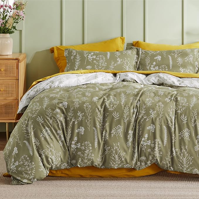 Bedsure Duvet Cover King Size - Reversible Olive Green King Duvet Cover Set with Zipper Closure, 3 Pieces Floral Patterned Bedding Set with 8 Corner Ties and 2 Pillow Shams