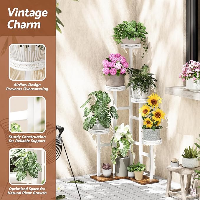 Tiered Plant Stand Outdoor,5 Potted Corner Plant Stands Tall Indoor, Metal Planter Display Rack for Multiple Plants, Wood Tall Plant Rack Shelf for House Patio LivingRoom - WhiteWave