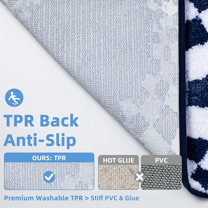 Funky Checkered Bath Mat, Non Slip Absorbent High Pile Tufted Checkerboard Rug for Bathroom Floor, Sink, Blue and White Aesthetic Rug, Machine Washable, 16"x24"