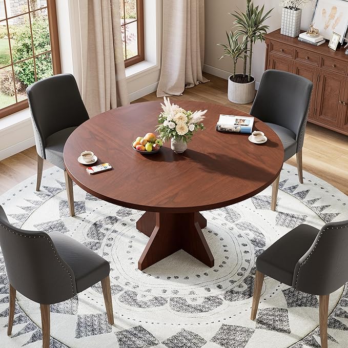 Garvee Round Dining Table for 4-6 People - 47" Circle Kitchen Dinner Table with Sturdy Pedestal Base, Small Spaces Dinning Room Furniture for Living Room, Kitchen, Apartment, Walnut