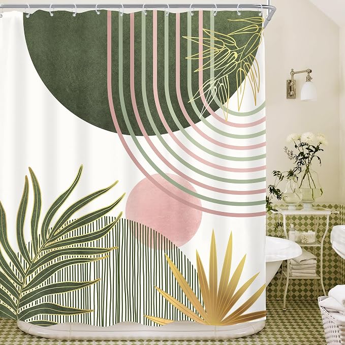 KOMLLEX Mid Century Sage Green Pink Boho Shower Curtain 60Wx72L Inches Abstract Modern Shower Curtains for Bathroom Plant Botanical Minimalist Arch Sun Fabric Liner Waterproof Polyester 12 Pack Hooks