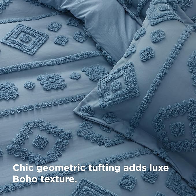 Bedsure Boho Duvet Cover Queen Size - Dusty Blue Tufted Boho Bedding, Farmhouse Shabby Chic Embroidery Bedding for All Seasons, 3 Pieces, 1 Soft Jacquard Queen Comforter Cover and 2 Pillow Shams