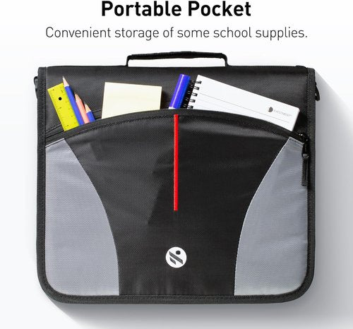 Skiennix 3-Inch O-Ring Zipper Binder - Expanding Files & Multiple Pockets | Jet Black with Shoulder Strap