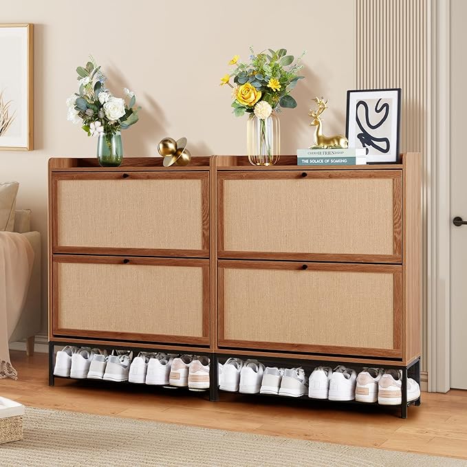 LEVNARY Shoe Storage Cabinet with 2 Flip Drawers, Wooden Narrow Shoe Cabinet Storage for Entryway, Freestanding Shoe Rack Organizer Cabinet with Metal Legs for Hallway (1, Walnut)