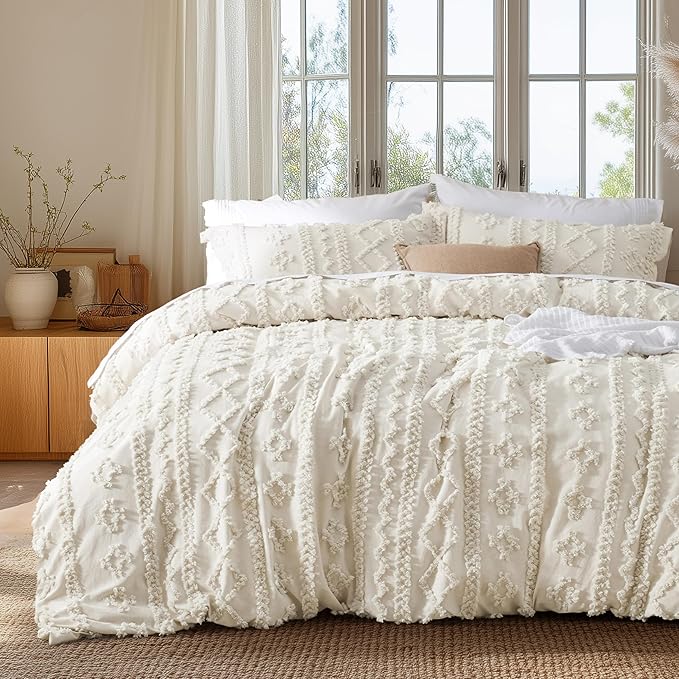 Bedsure Boho Duvet Cover Full Size, Soft & Comfortable Elegant Design Boho Bedding for Decoration, Machine Washable Comforter Cover for All Seasons,Includes 1 Duvet Cover & 2 Pillow Shams,Beige