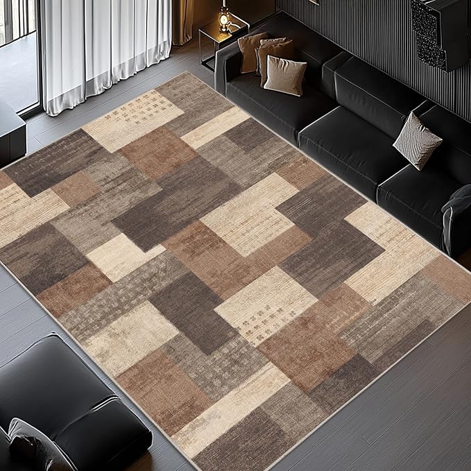 Modern Geometric Patchwork Indoor Area Rug for Living Room, Beige 10'x 14' Large Rug Rockwood Collection Hardwood Floors Decor for Bedroom, Beige Throw Carpet for Office Entryway Dining Room