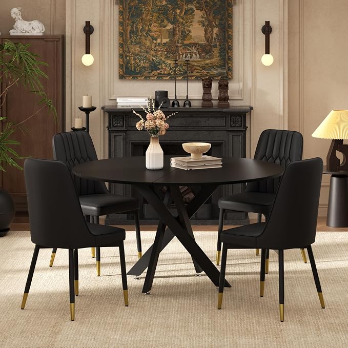 RGZ Mid Century Black Round Dining Table Set for 4, 47" Large Wooden Circle Kitchen Table & 4 Black PU Leather Kitchen Chairs, Dinner Table Set for Home, Apartment, Dining Room