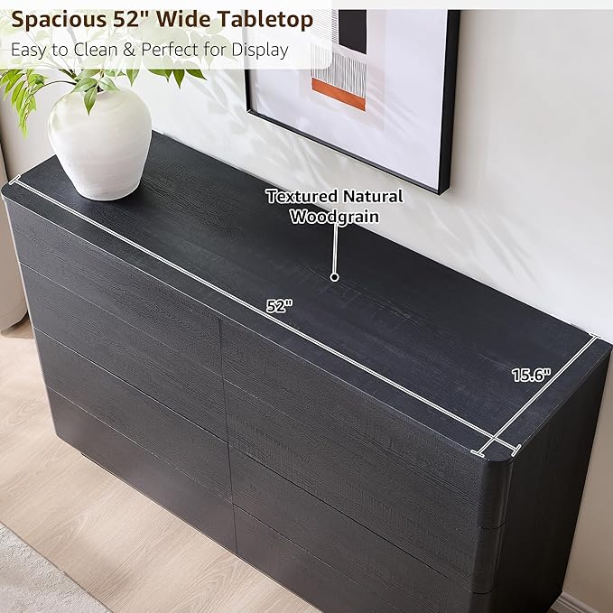 JXQTLINGMU 8 Drawer Dresser for Bedroom, Modern Push-to-Open Chest of Drawers, Large Wood Storage w/Curved Profile & Handleless Design, 52" Wide Dresser TV Stand for Bedroom, Living Room, Black